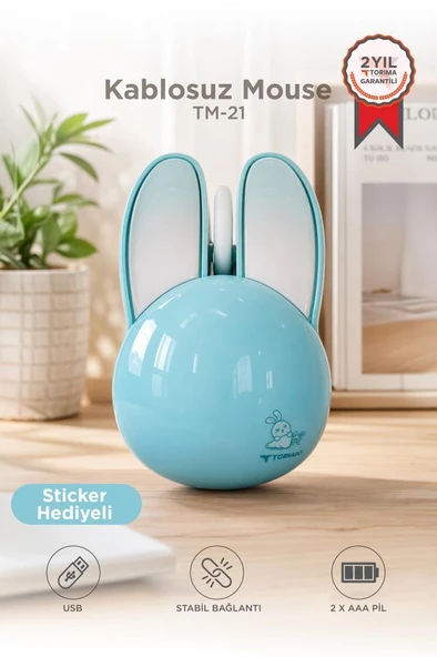 Kablosuz Tavşan Kulaklı Sessiz Mouse 1200 DPI Optik Kablosuz Fare Torima TM21 Mavi ürün görseli 1