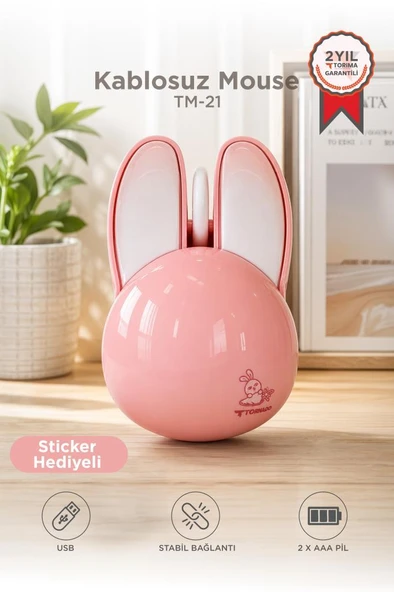 Kablosuz Tavşan Kulaklı Sessiz Mouse 1200 DPI Optik Kablosuz Fare Torima TM21 Pembe ürün görseli 1