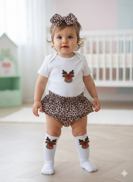 BALBÖCEĞİKİDS Kız Bebek Çocuk Leopar Fırfırşort Geyik Figürlü Badili Çoraplı Takım ürün görseli 1