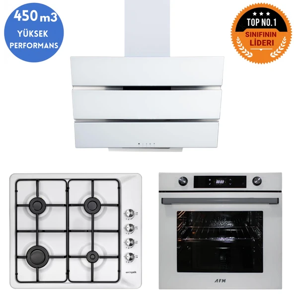 Eminçelik ve AFM TECH Markalı / Next Turbolu Emaye Ocak Beyaz Ankastre Set (31 221 + FM7701+FM3251) ürün görseli 1