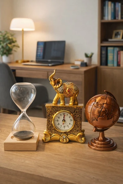 3'lü Dekoratif Ev Ofis Biblo Seti Eskitme Gold Fil Masa Saati Bronz Metal Dünya Küre Kum Saati Seti ürün görseli 1