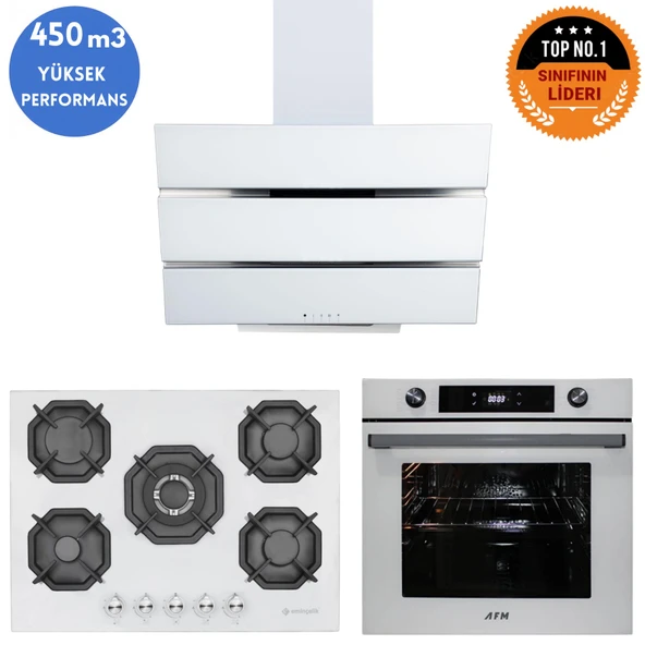 Eminçelik ve AFM TECH Markalı / SOFT 5 Gözlü 1'WOK Beyaz Ankastre Set ( 22 386 + FM7701 + FM3251 ) ürün görseli 1