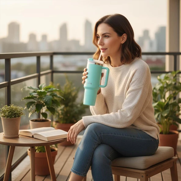 Any Morning Vaha 1200 ml Üç Kademe Çevirmeli Kapaklı Çift Katman Çelik Termos Mug Su Yeşili SI2440217 ürün görseli 1