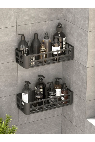 Banyo Duş Rafı 2'li Yapışkanlı ve Deliksiz Duş Organizer Suya Dayanıklı Siyah Raf ürün görseli 1