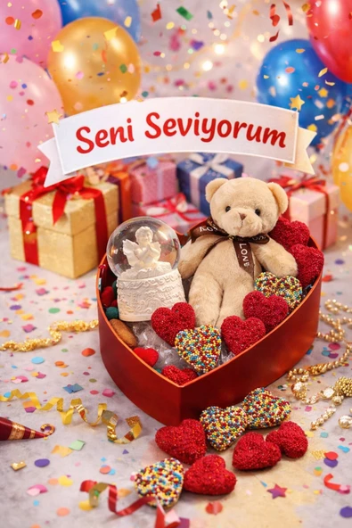 Aşk Dolu Hediye Kalp Kutuda Melek Kar Küresi & Ayıcık & Jelibon Şeker Sevgililer Günü Hediye Seti ürün görseli 1