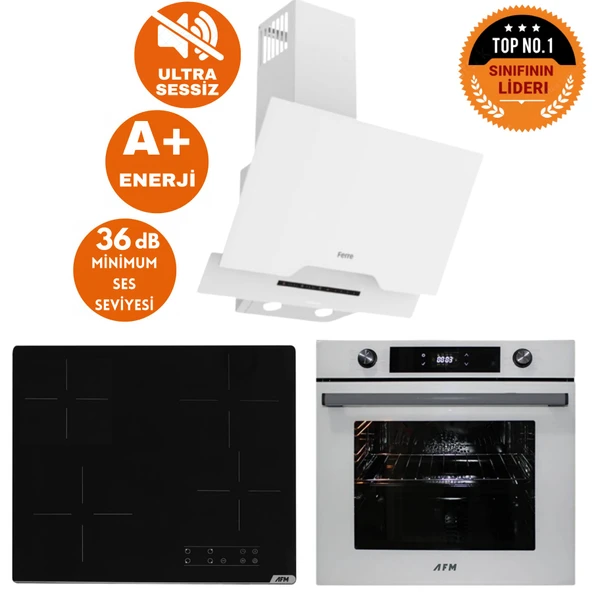 Ferre ve AFM Tech Marka Sessiz Ajax Elek.Vitro Beyaz Dijital Ankastre Set (D064-SA + V6-04 +FM7701) ürün görseli 1