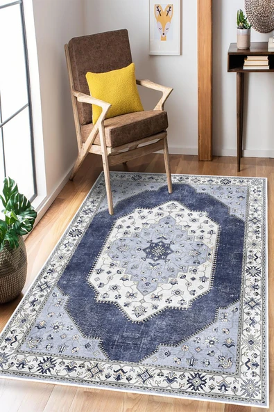 Klasik Desenli Dijital Baskılı Yıkanabilir Kaymaz Taban Salon Halısı 50 x 60 cm Mavi