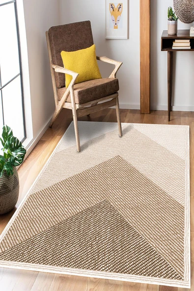 Geometrik Desenli Dijital Baskılı Kaymaz Taban Yıkanabilir Halı 80 x 300 cm Bej ürün görseli 1