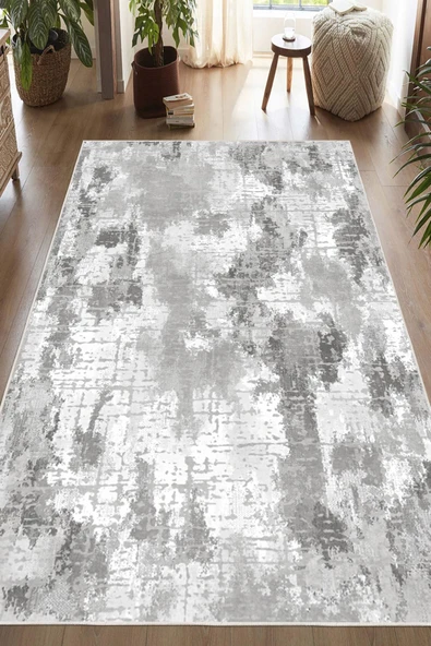 Modern Soyut Desenli Dijital Baskılı Yıkanabilir Kaymaz Taban Salon Halısı Mutfak Halısı Yolluk 200 x 300 cm Gri ürün görseli 1
