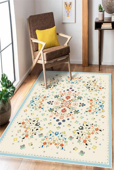 Çiçek Desenli Dijital Baskı Yıkanabilir Kaymaz Taban Modern Halı 120 x 180 cm Çok Renkli ürün görseli 1