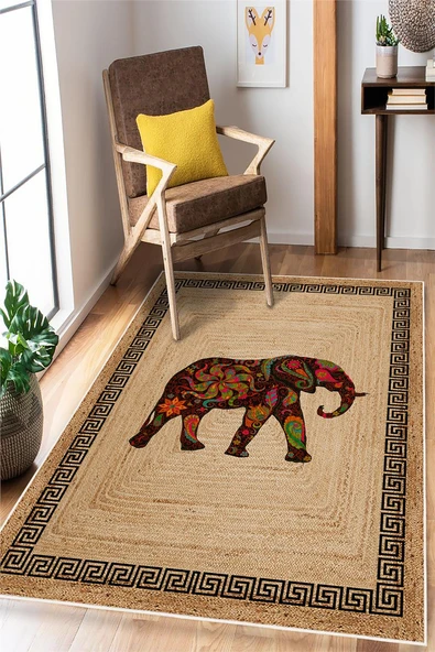 Etnik Fil Desenli Dijital Baskılı Kaymaz Taban Yıkanabilir Halı 100 x 300 cm Çok Renkli ürün görseli 1