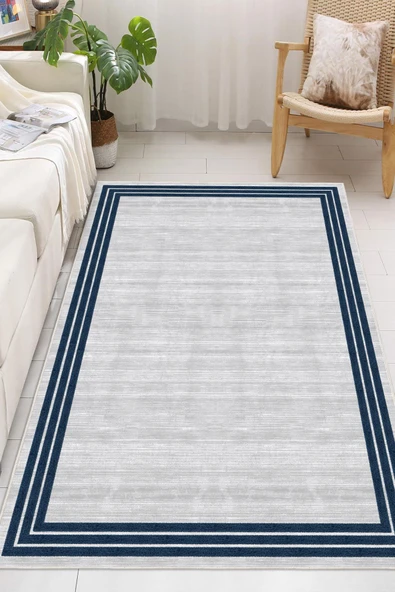 Çerçeveli Modern Dijital Baskılı Yıkanabilir Kaymaz Taban Salon Halısı Mutfak Halısı Yolluk 100 x 250 cm Mavi ürün görseli 1