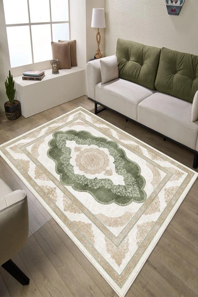 Klasik Desenli Dijital Baskılı Kaymaz Taban Yıkanabilir Salon Halısı Oturma Odası Halısı 100 x 150 cm Yeşil ürün görseli 1