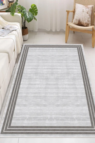 Çerçeveli Modern Dijital Baskılı Yıkanabilir Kaymaz Taban Salon Halısı Mutfak Halısı Yolluk 100 x 400 cm Gri ürün görseli 1