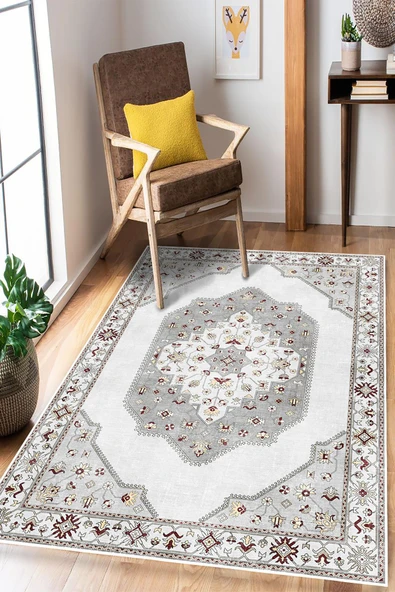 Klasik Desenli Dijital Baskılı Yıkanabilir Kaymaz Taban Salon Halısı 80 x 150 cm Gri ürün görseli 1