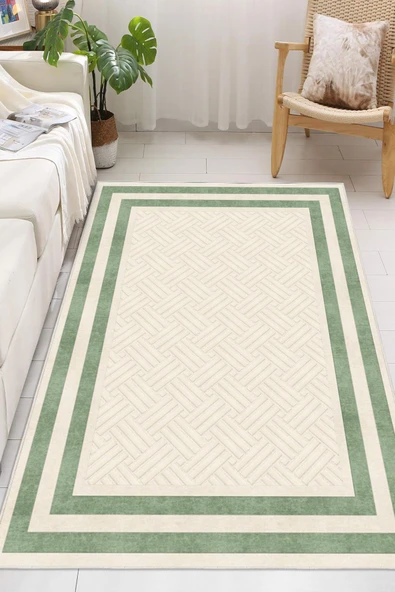 Modern Çerçeve Desenli Dijital Baskılı Kaymaz Taban Yıkanabilir Salon Halısı Oturma Odası Halısı Yolluk 100 x 200 cm Yeşil ürün görseli 1