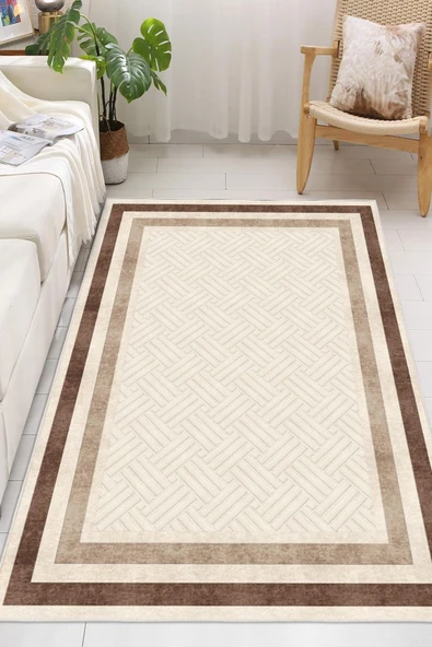 Modern Çerçeve Desenli Dijital Baskılı Kaymaz Taban Yıkanabilir Salon Halısı Oturma Odası Halısı Yolluk 160 x 230 cm Kahve ürün görseli 1