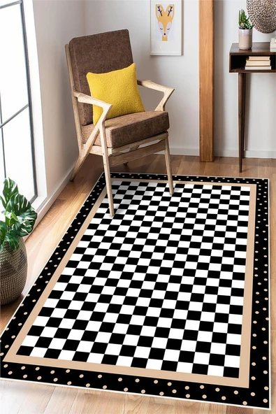 Dama Desenli Modern Dijital Baskılı Yıkanabilir Kaymaz Halı 80 x 150 cm Siyah ürün görseli 1