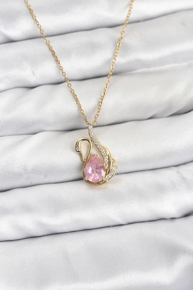 Zincir Gold Renk Pembe Kuğu Model Zirkon Taşlı Kadın Kolye - EBJ260130W39294 ürün görseli 1