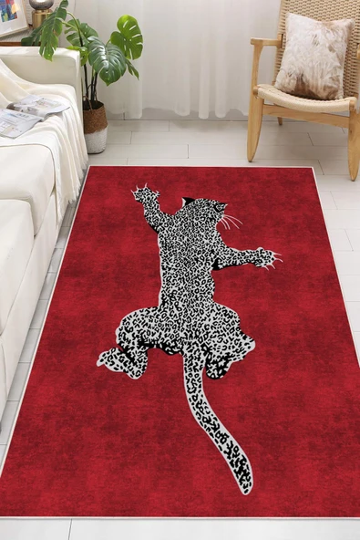 Leopar Desenli Dijital Baskılı Kaymaz Taban Yıkanabilir Halı 200 x 400 cm Kırmızı ürün görseli 1