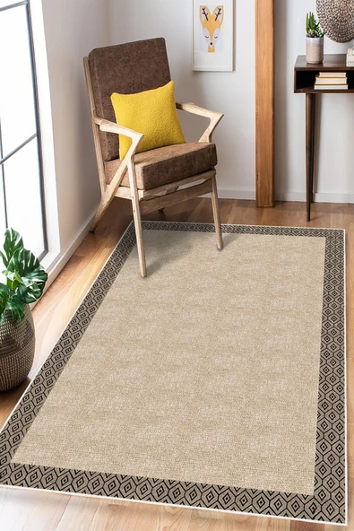 Çerçeveli Dijital Baskı Yıkanabilir Kaymaz Taban Modern Halı 50 x 60 cm Bej ürün görseli 1