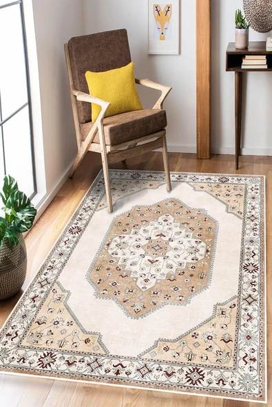 Klasik Desenli Dijital Baskılı Yıkanabilir Kaymaz Taban Salon Halısı 50 x 60 cm Bej