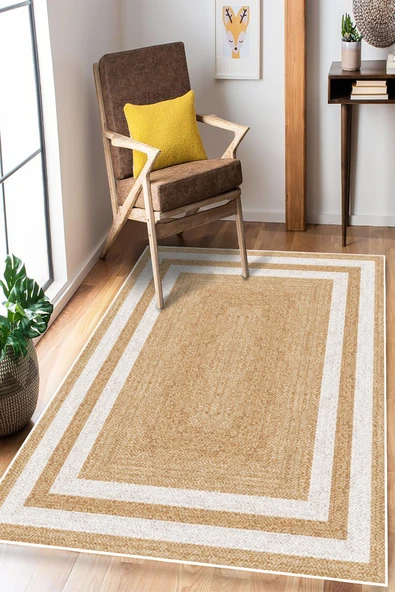 Çerçeveli Jüt Görünümlü Dijital Baskı Yıkanabilir Kaymaz Taban Halı Mutfak Halısı Salon Halısı 50 x 60 cm Beyaz