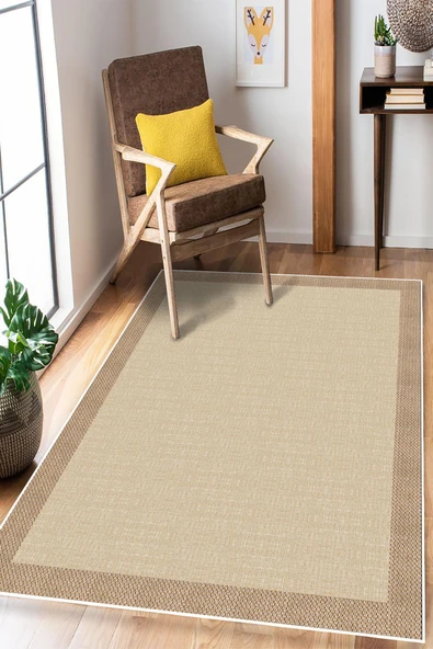 Çerçeveli Modern Dijital Baskı Yıkanabilir Kaymaz Taban Halı 100 x 200 cm Bej ürün görseli 1