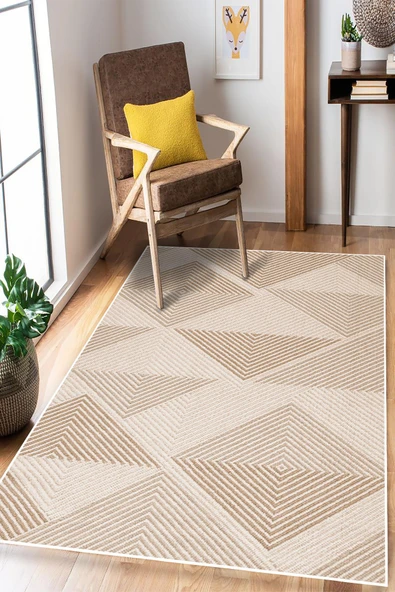 Geometrik Desen Dijital Baskılı Kaymaz Taban Yıkanabilir Halı 80 x 200 cm Bej ürün görseli 1