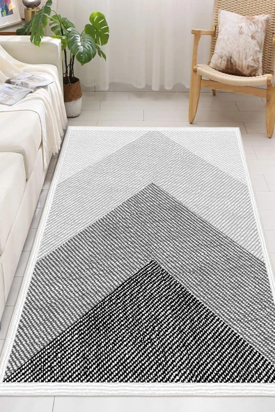 Geometrik Desenli Dijital Baskılı Kaymaz Taban Yıkanabilir Halı 100 x 200 cm Gri ürün görseli 1