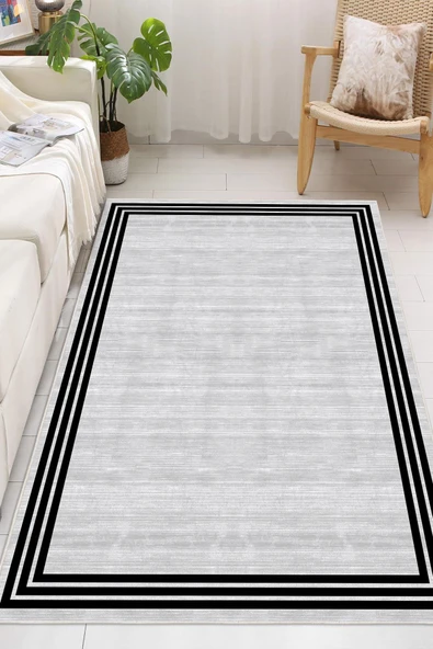 Çerçeveli Modern Dijital Baskılı Yıkanabilir Kaymaz Taban Salon Halısı Mutfak Halısı Yolluk 200 x 250 cm Siyah ürün görseli 1