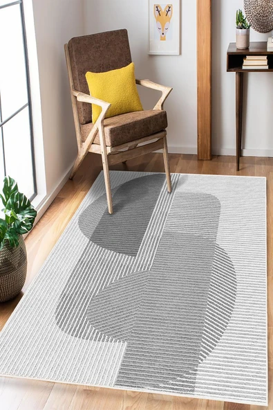 Modern Soyut Desenli Dijital Baskılı Kaymaz Taban Yıkanabilir Salon Halısı Oturma Odası Halısı 100 x 400 cm Gri ürün görseli 1