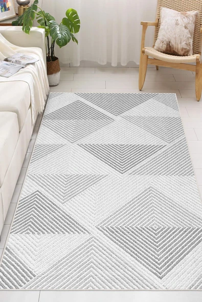 Geometrik Desen Dijital Baskılı Kaymaz Taban Yıkanabilir Halı 80 x 400 cm Gri ürün görseli 1