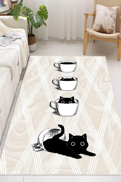 Kahve Fincanı ve Kedi Temalı Dijital Baskılı Yıkanabilir Kaymaz Taban Halı 80 x 200 cm Bej ürün görseli 1