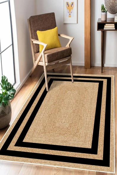 Çerçeveli Jüt Görünümlü Dijital Baskı Yıkanabilir Kaymaz Taban Halı Mutfak Halısı Salon Halısı 100 x 200 cm Siyah ürün görseli 1