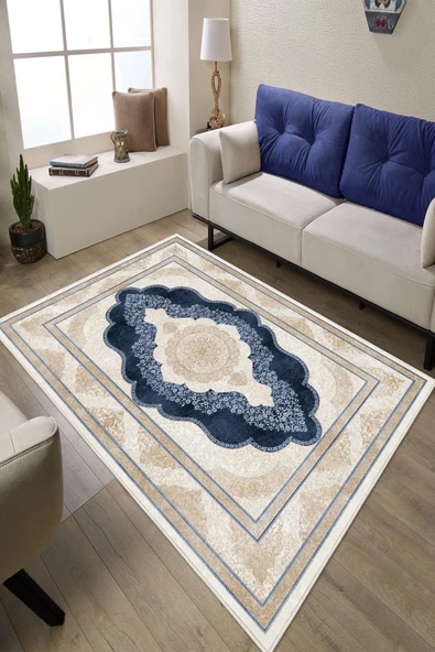 Klasik Desenli Dijital Baskılı Kaymaz Taban Yıkanabilir Salon Halısı Oturma Odası Halısı 100 x 400 cm Lacivert ürün görseli 1