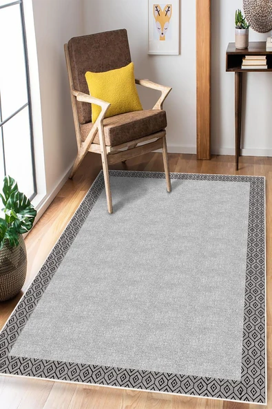 Çerçeveli Dijital Baskı Yıkanabilir Kaymaz Taban Modern Halı 100 x 250 cm Gri ürün görseli 1