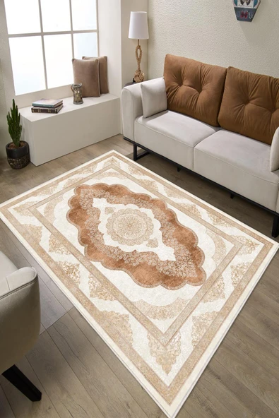 Klasik Desenli Dijital Baskılı Kaymaz Taban Yıkanabilir Salon Halısı Oturma Odası Halısı 80 x 200 cm Çok Renkli ürün görseli 1