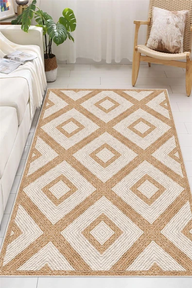 Desenli Jüt Görünümlü Dijital Baskı Yıkanabilir Kaymaz Taban Halı Mutfak Halısı Salon Halısı 100 x 250 cm Bej ürün görseli 1