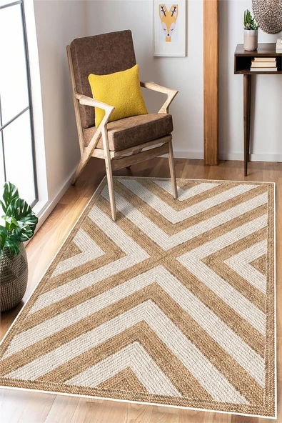 Desenli Sisal Jüt Görünümlü Dijital Baskı Yıkanabilir Kaymaz Taban Halı Mutfak Halısı Salon Halısı 200 x 300 cm Bej ürün görseli 1