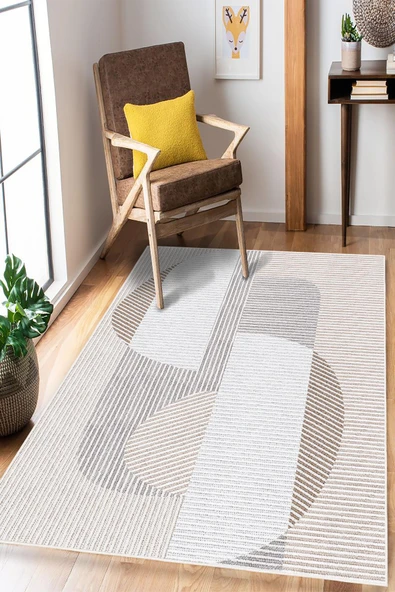 Modern Soyut Desenli Dijital Baskılı Kaymaz Taban Yıkanabilir Salon Halısı Oturma Odası Halısı 120 x 200 cm Bej ürün görseli 1