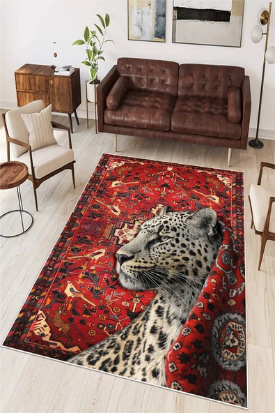 Leopar Figürlü Kırmızı Etnik Dijital Baskılı Yıkanabilir Kaymaz Taban Salon Oturma Odası Halısı 100 x 300 cm Gri ürün görseli 1