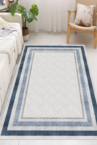 Modern Çerçeve Desenli Dijital Baskılı Kaymaz Taban Yıkanabilir Salon Halısı Oturma Odası Halısı Yolluk 80 x 300 cm Mavi ürün görseli 1