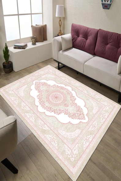 Klasik Desenli Dijital Baskılı Kaymaz Taban Yıkanabilir Salon Halısı Oturma Odası Halısı 80 x 400 cm Pembe ürün görseli 1