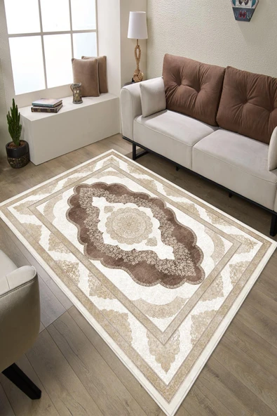 Klasik Desenli Dijital Baskılı Kaymaz Taban Yıkanabilir Salon Halısı Oturma Odası Halısı 200 x 300 cm Kahverengi ürün görseli 1