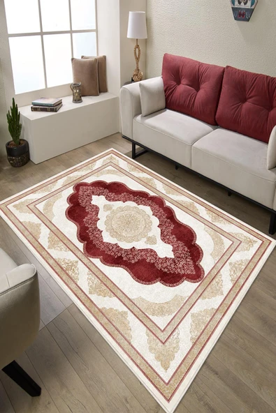 Klasik Desenli Dijital Baskılı Kaymaz Taban Yıkanabilir Salon Halısı Oturma Odası Halısı 80 x 400 cm Bordo ürün görseli 1