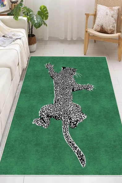 Leopar Desenli Dijital Baskılı Kaymaz Taban Yıkanabilir Halı 100 x 200 cm Yeşil ürün görseli 1