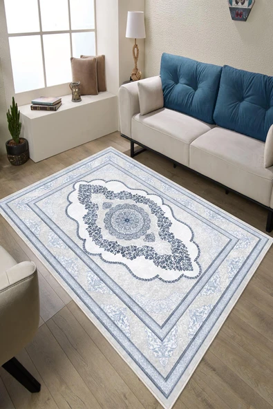 Klasik Desenli Dijital Baskılı Kaymaz Taban Yıkanabilir Salon Halısı Oturma Odası Halısı 50 x 60 cm Mavi