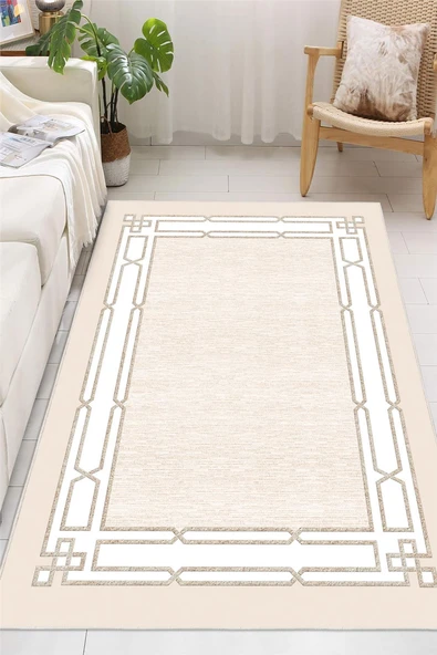 Krem Çerçeveli Dijital Baskılı Dekoratif Kaymaz Taban Yıkanabilir Halı Salon Halısı Yolluk Mutfak Halısı 80 x 150 cm Gri ürün görseli 1
