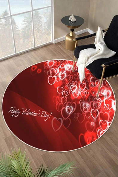 Valentine's Day Sevgililer Günü Özel Dijital Baskılı Kaymaz Taban Yuvarlak Halı 160 x 160 cm Kırmızı ürün görseli 1